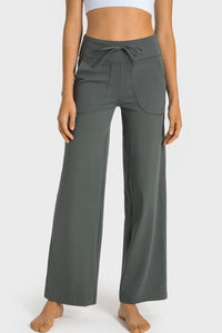 Drawstring Waist Wide Leg Sports Pants with Pockets