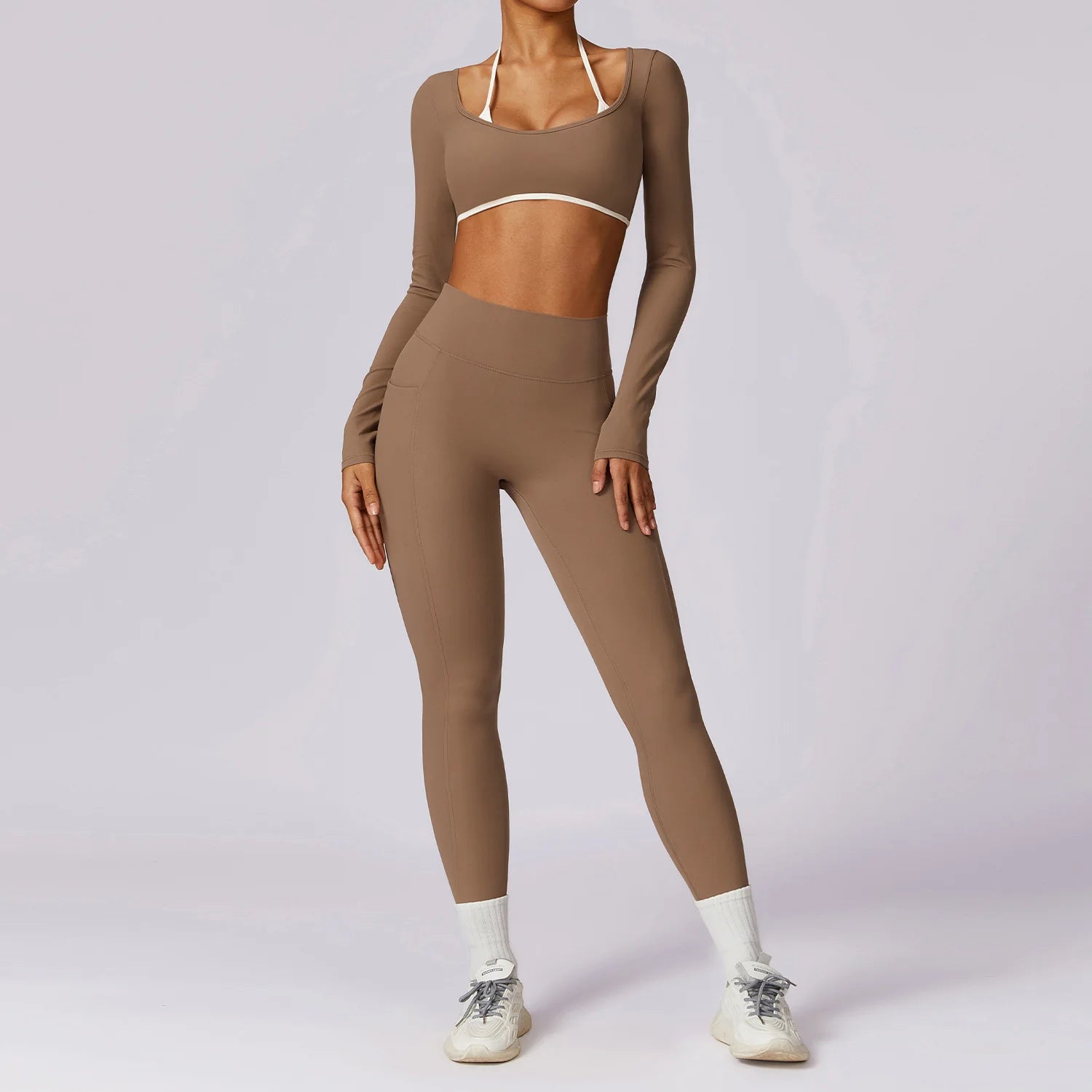 Tracksuit Push Up Long Sleeve Crop Top With hight Waist Leggings 2PCS Set