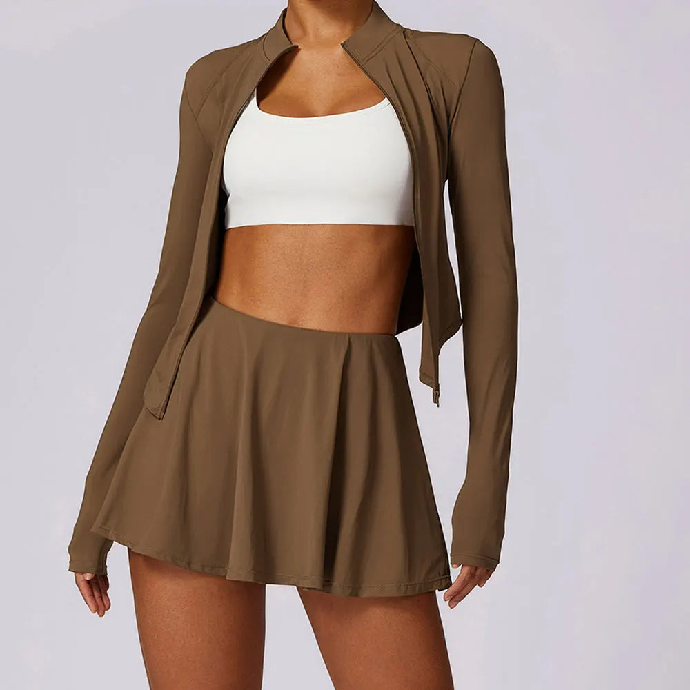 Sports Set with Long Sleeve Fitness Top Sports and Short Skirt