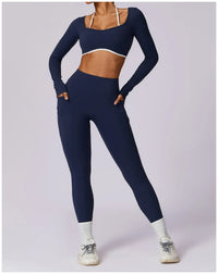 Tracksuit Push Up Long Sleeve Crop Top With hight Waist Leggings 2PCS Set